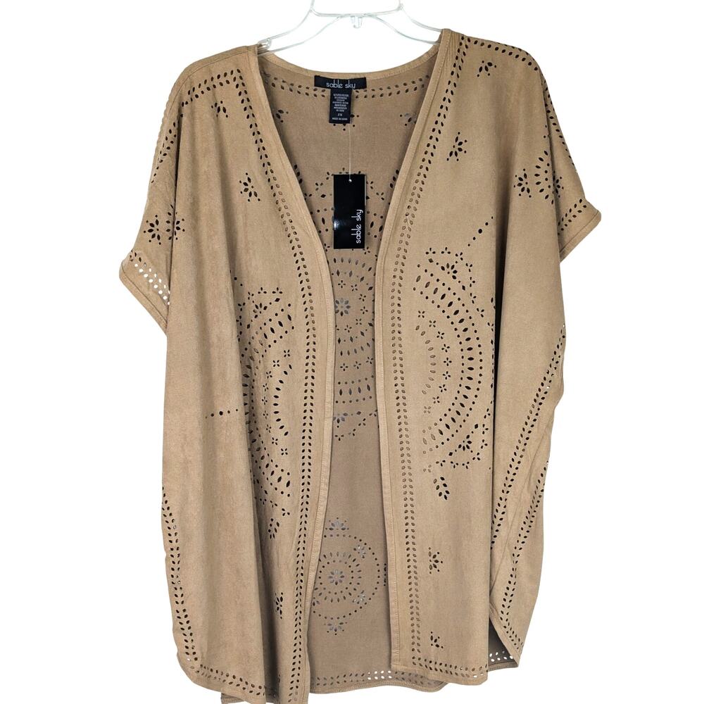 NWT Sable Sky Tan Faux Suede Laser Cut Kimono Cardigan Top 2X Boho Festival